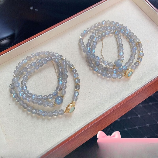 Beimeixing Moonstone Bracelet for Women Multi-ring Blue Light Crystal Three-ring Bracelet for Women Gift Beads 6mm Gray Moonlight and Aquamarine Inlaid Accessories