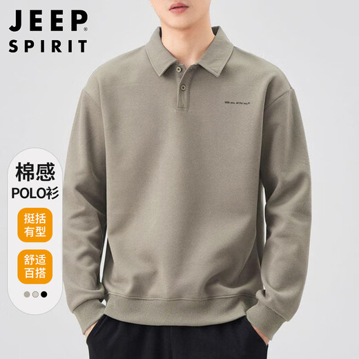 JEEP SPIRIT Jeep POLO shirt men's sweatshirt autumn and winter loose long-sleeved lapel T-shirt top men gray green XL