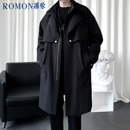 ROMON windbreaker men's autumn and winter mid-length fake two-piece double-collar casual coat men's youth coat men's black 3XL