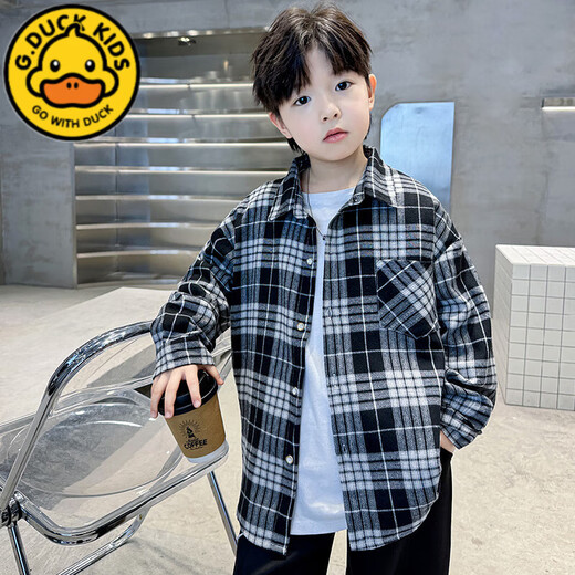 G.duck children's clothing boys' shirts spring and autumn 2025 new spring clothing big children plaid boys spring coat shirt trend black spring and autumn 120 cm
