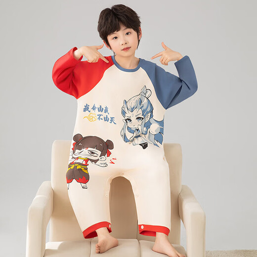 Ao Bing children's one-piece pajamas for boys spring and autumn long-sleeved pure cotton youth anti-kick sleeping bag air-conditioned outer wear home clothes M201 Nezha Ao Bing 100% cotton one size fits all size 8 recommended height 95-105CM