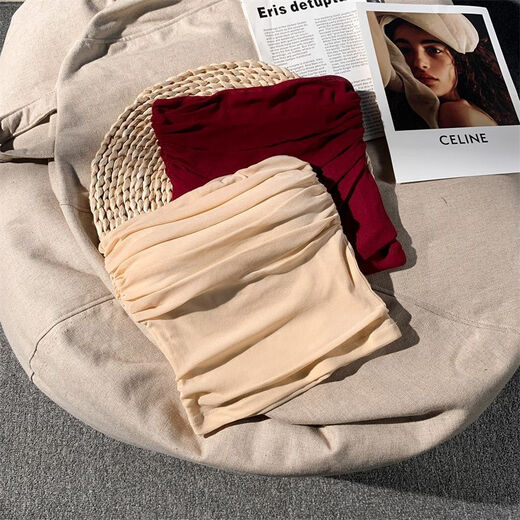 Woodpecker red tube top one-shoulder pleated camisole women's outer wear autumn sexy slim-fitting chest inner wear beige S