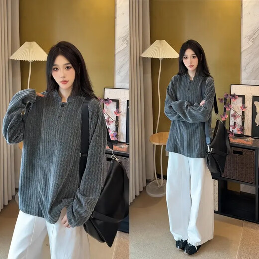 FR.YH.ZH herringbone Henry collar sweatshirt men's autumn long-sleeved bottoming shirt American heavyweight relaxed hooded jacket black (upgraded fabric) 2XL