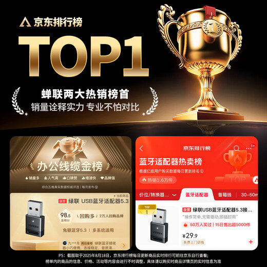 绿联USB蓝牙适配器5.3接收器免驱 适用键盘鼠标耳机音响手柄 PC电脑台式机外置蓝牙模块无线蓝牙发射器