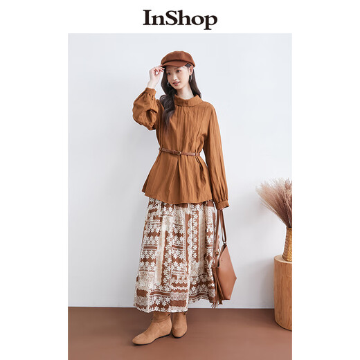 InShop【商场同款】新款女优雅氛围感衬衫腰带气质通勤上衣 摩卡咖色 S