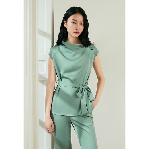 OBBLIGATO Olegado summer basin collar bag shoulder cap sleeves shoulder open button strap top green top S