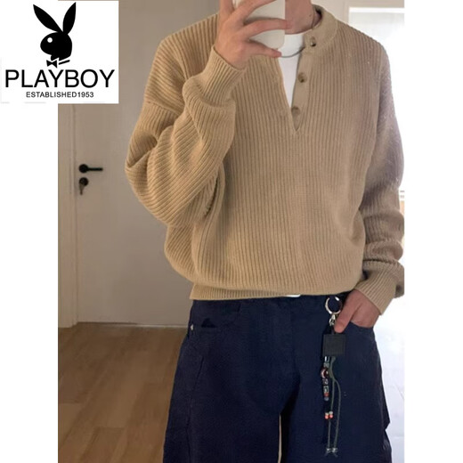 Playboy (PLAYBOY) old money style Henry collar sweater men's winter cleanfit retro POLO sweater lazy bottoming shirt black high quality XL