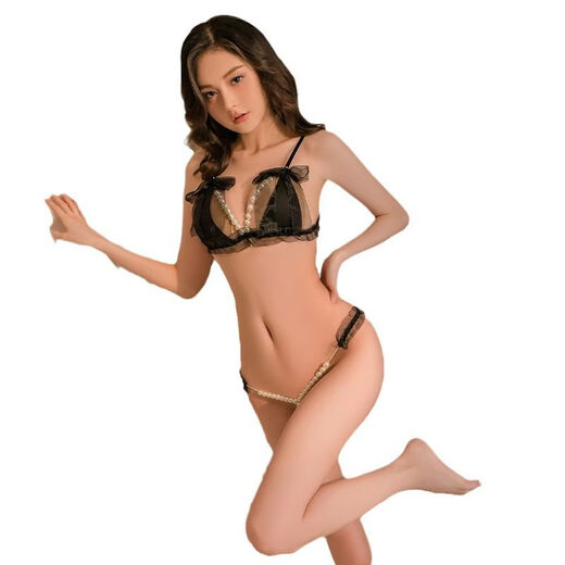 Sexy lace three-point thong with small breasts showing big pearls Sexy lingerie set Chaoming 3305 Black One size fits all