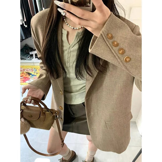 Lomon Maillard milk coffee color suit jacket for women spring and autumn Internet celebrity new autumn Korean style loose suit for small people milk coffee mixed camel M recommended 100-110Jin Jin equals 0.5 kg