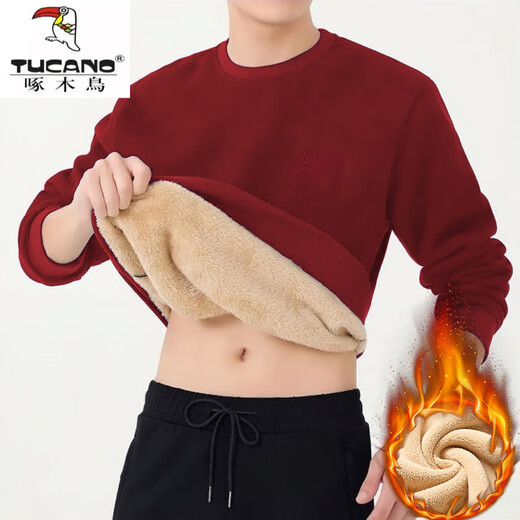 Woodpecker (TUCANO) velvet thickened trendy sweatshirt winter round neck pullover sherpa men's coat-like loose warm top Y900 sherpa warm black A080 XL 110-130Jin Jin equals 0.5 kg