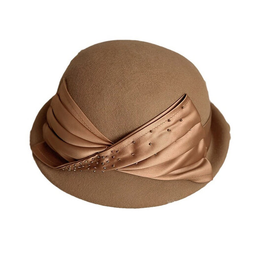 Woodpecker (TUCANO) Elegant Curly Wool Basin Hat Women's Autumn and Winter New Satin Bow Fashion Versatile Wool Fisherman Hat Burgundy M(56-58cm)