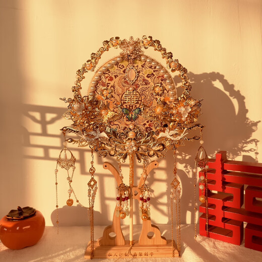 Shiniao Tuanfan Wedding Bride DIY Material Xiuhe New Wedding Fan Handmade Wedding Fan Finished Double-Sided Wedding Fan for a Lifelong Love Tuanhua Double-Sided Two-Color Finished Product Well Done Wedding Fan Fan Stand