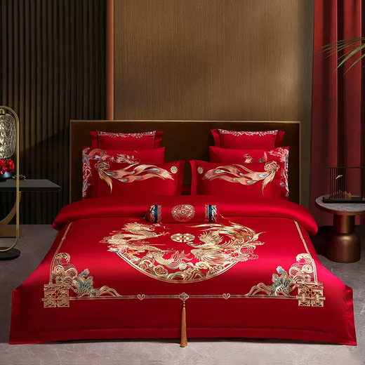 Yusenyi high-end wedding multi-piece set with dragon and phoenix embroidery flowers, 100% cotton wedding four-piece dowry red quilt bed for children and grandchildren 4-suitable for 1.51.8m bed recommended to match 200x23