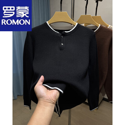 Romon two-button Henry collar sweater men's autumn and winter trendy long-sleeved bottoming shirt men's fake two-piece sweater black L 170
