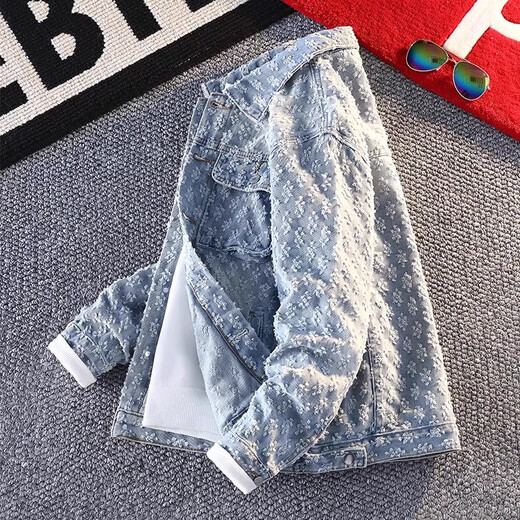 Kazuki Kuraishi KAZUKI KURAISHI American retro washed distressed jacquard high street denim jacket for men spring and autumn new fashion brand loose casual jacket for men yellow mud color XL 130-140Jin Jin equals 0.5 kg