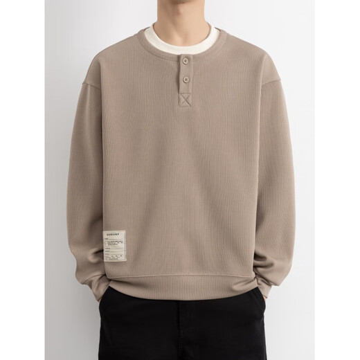 Akbevrc International Brand Fake Two-piece Sweatshirt Men's 2025 Spring and Autumn New Heavy Henley Collar Bottoming Shirt Long Sleeve Khaki L _(Approximately 115-130Jin Jin equals 0.5kg can be worn)