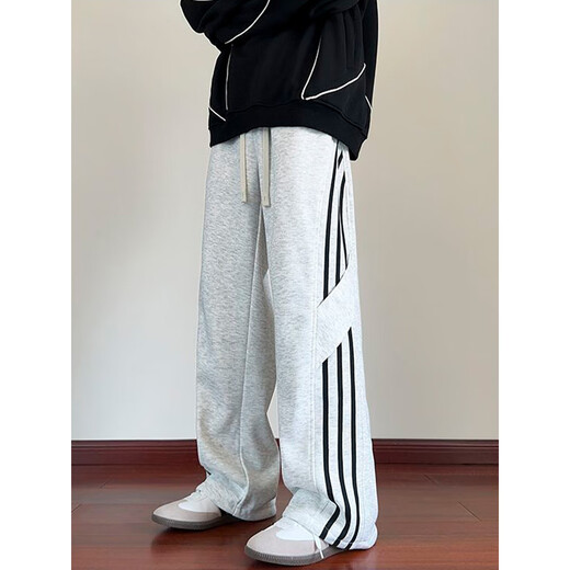 Katuchi black striped splicing straight casual pants for men in spring and autumn trendy handsome loose slimming wide leg sports long pants black white stripes XL recommended 125-140Jin Jin equals 0.5 kg