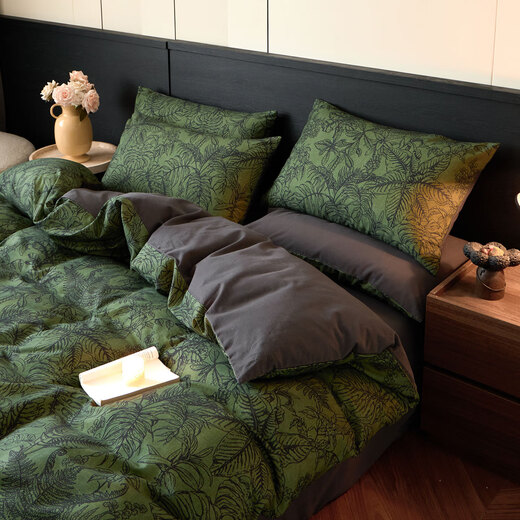 Light luxury retro style pure cotton brushed bed four-piece set autumn and winter thickened cotton quilt cover sheet high-end bedding Yeyu-green soft and comfortable bed sheet style 1.8 four-piece set-quilt cover 200x230
