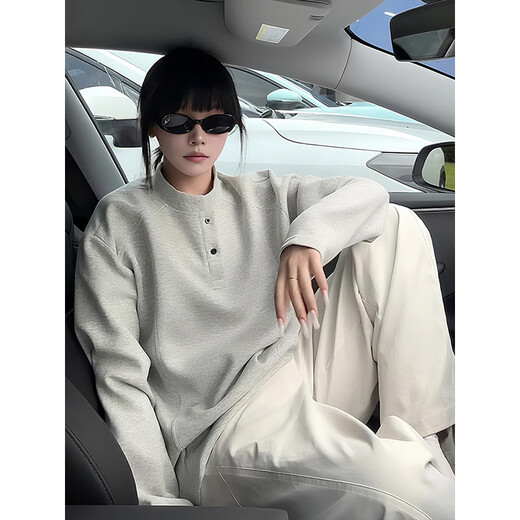 Qumi Le Deconstructed Henley Collar Sweatshirt Men's Autumn and Winter Stand Collar Right Shoulder Long Sleeve T-Shirt Heavyweight American Loose Inner Bottoming Shirt White Gray XL Recommended 120-140Jin Jin is equal to 0.5 kg