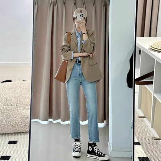 Lomon Maillard milk coffee color suit jacket for women spring and autumn Internet celebrity new autumn Korean style loose suit for small people milk coffee mixed camel M recommended 100-110Jin Jin equals 0.5 kg