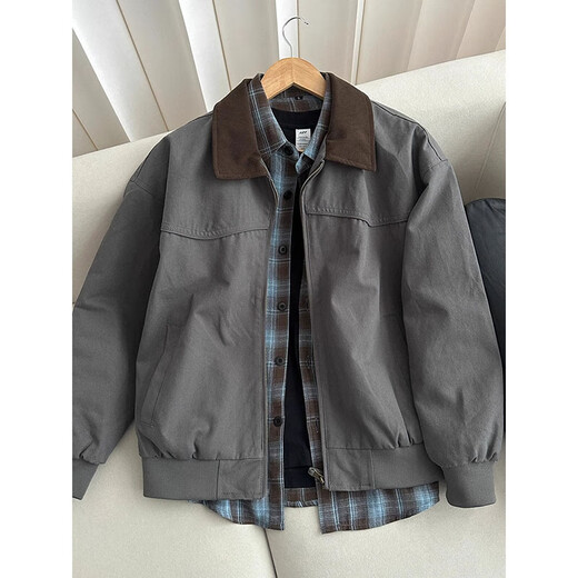 POUM American retro Detroit jacket men's spring and autumn cleanfit work jacket trendy brand high-end lapel top NJN-WT187 gray XL