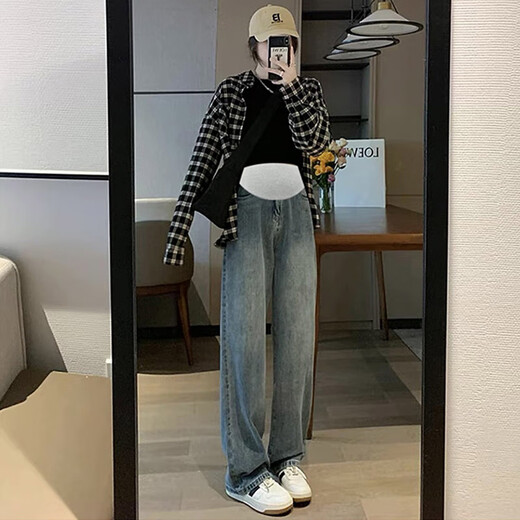 Qingbilin maternity jeans autumn and winter wide-leg pants winter casual straight trousers leggings floor-length pants autumn retro blue (spring and autumn) high waist belly support XL suitable for 120-135 Jin Jin equals 0.5 kg