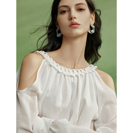 ELLE【漂浮月光】ELLE白色露肩小众设计感小衫女2026春季新款气质衬衫 白色 M