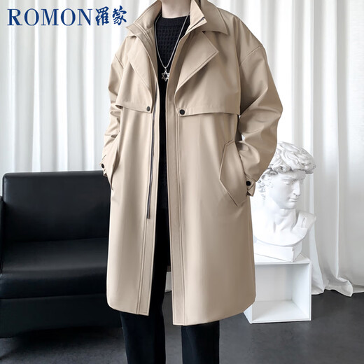 ROMON windbreaker men's autumn and winter mid-length fake two-piece double-collar casual coat men's youth coat men's black 3XL