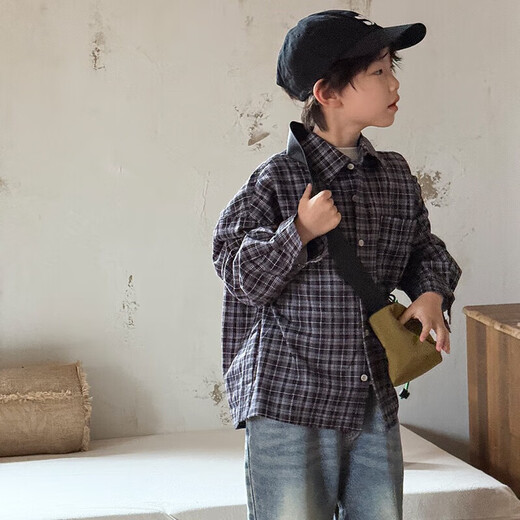 Children's plaid long-sleeved shirt boys' casual shirt lazy style draped spring and autumn Korean style girls' tops and jackets black and white plaid 140