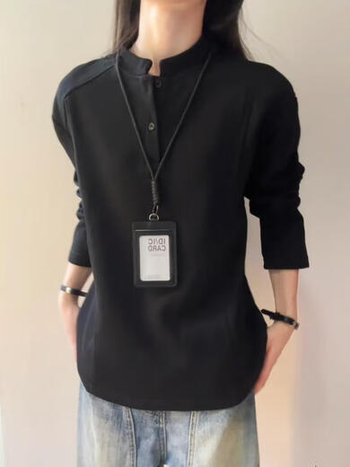 Yingtang shoulder polo shirt sweatshirt for men and women, autumn henley collar long-sleeved t-shirt, cleanfit inner layering shirt, black M