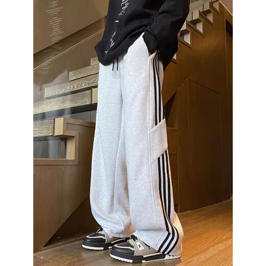 BAA AND BAA American style sweatpants men's autumn and winter trendy American casual men's pants drapey loose wide leg straight sports pants white gray plus velvet-S400LPH plus velvet XL Recommended 120Jin Jin equals 0.5kg -135Jin Jin equals 0.5kg