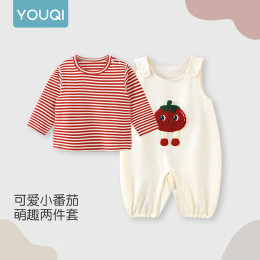 Youqi baby clothes, autumn clothes, super cute overalls, stylish bottoming shirt, two-piece set, cute outing clothes, baby autumn suit, Tomato Xiaobao, striped T-shirt + overalls, 90cm