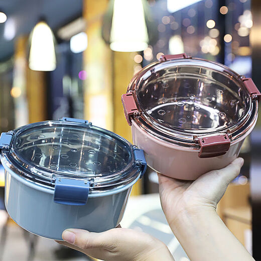 Ye Yu Korean version 304 stainless steel insulated lunch box with lid spoon dormitory instant noodle bowl office worker student lunch box water-filled insulated round lunch box single layer blue 1.2L