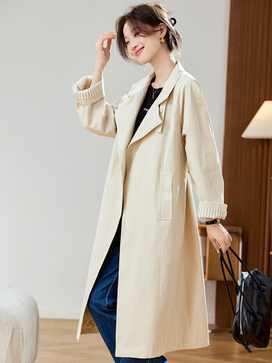 SUSTYLE luxury high-end brand women's high-end windbreaker 2025 autumn long loose casual age-reducing waist fashion coat black M