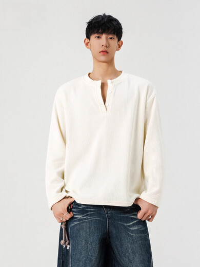 OEMG Black Henry Collar Long Sleeve T-Shirt Men's Autumn High Street Versatile High-Quality Youth Undershirt Top Black XL Recommended 110-130Jin Jin equals 0.5kg