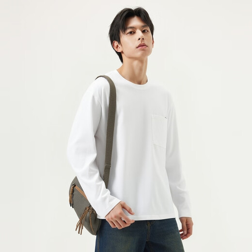 Gxgjeans men's wear thick brushed pocket design loose round neck long sleeve T-shirt for men 25 autumn and winter hot sale white spring and autumn style L (175)