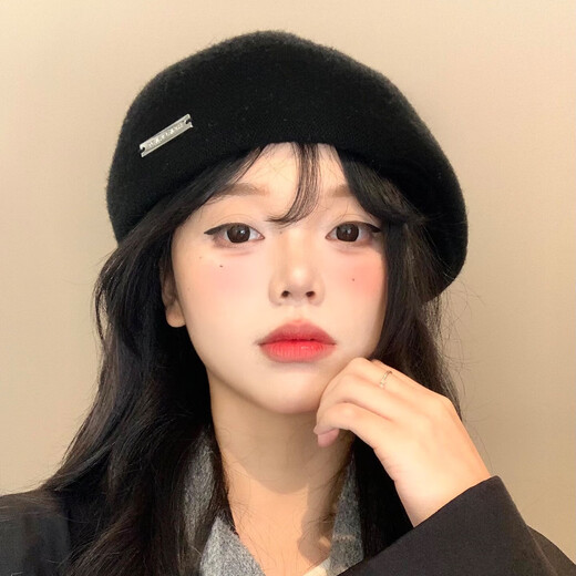 Yanyun black woolen forward hat for women spring and autumn Korean style all-match face-showing small reverse beret big head circumference painter hat black one size