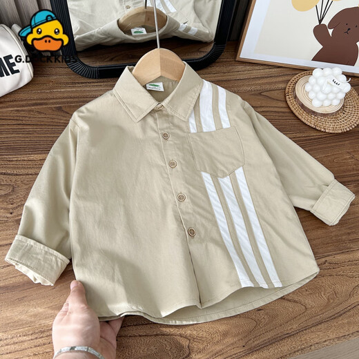 G.duck little yellow duck boys' shirt pure cotton 2024 spring new style children's lapel long-sleeved shirt color matching casual upper CY3099A white ready stock 100 cm
