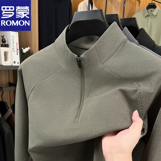 ROMON half-zip sweatshirt men's stand-up collar jacket solid color 2025 new autumn and winter top sports cycling clothing trendy green XL