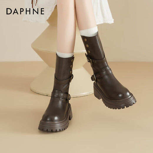 Daphne thick-soled Martin boots for women 2026 new autumn belt buckle boots Maillard Western cowboy style brown short boots for women brown-folding two-wear heel height 6.5cm 37