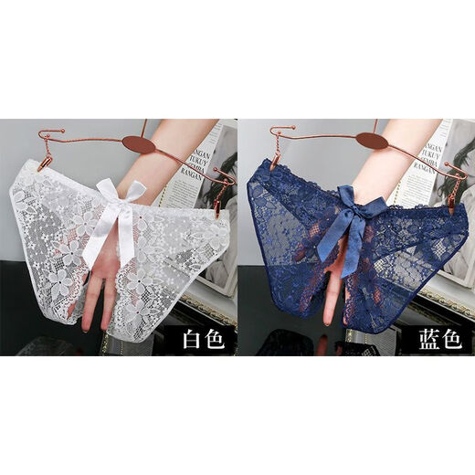 Crotchless underwear for women, high-end trendy lace, sexy husband bow, new underwear, transparent thong, white blue M
