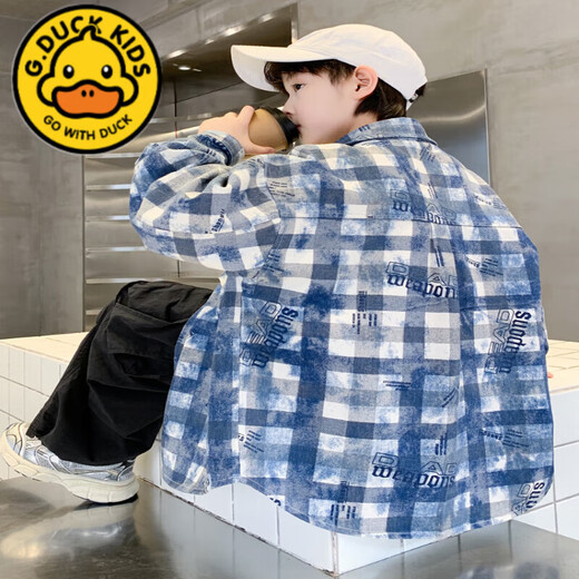 G.duck children's clothing boys' autumn shirts spring and autumn 2025 new style medium and large children handsome boys autumn plaid shirt trendy blue spring and autumn 120 cm