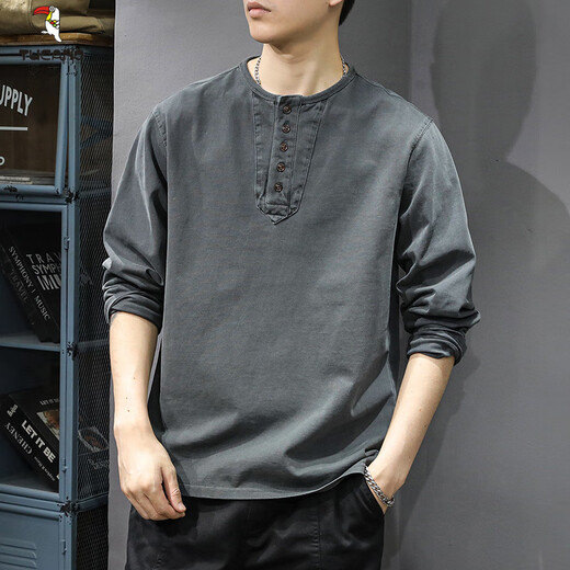 Woodpecker (TUCANO) American trendy retro Henry collar long-sleeved T-shirt men's spring and autumn new spring loose casual sweatshirt bottoming shirt ins gray M