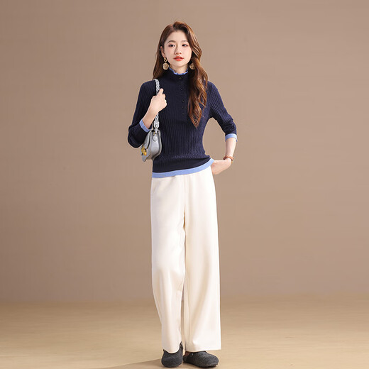 Qianbai Nian Fashionable Stand Collar Fake Two-Piece Wool Sweater Women's Autumn and Winter New Contrast Color Design Bottoming Pullover Sweater Green XL