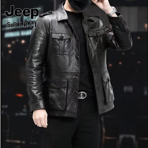 JEEP SPIRIT Heavy Industry Quality Motorcycle Leather Jacket Leather Jacket Slim Hunting Short Lapel Multi-Pocket Autumn and Winter New Men's Clothing Black M 90-110Jin Jin is equal to 0.5 kg