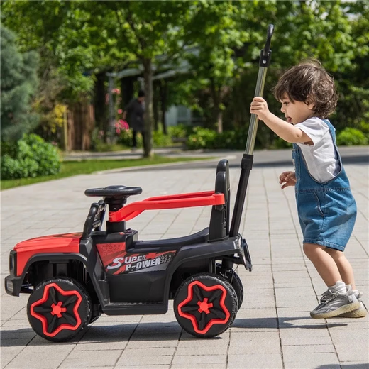 Zhouzhou Che's new children's electric car four-wheeled off-road vehicle remote control children's baby toy car men and women can sit on rechargeable red push handle remote control dual drive + Bluetooth music + leather