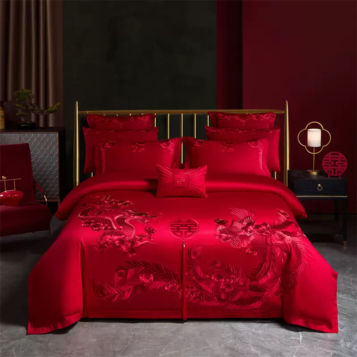 Yusenyi high-end wedding multi-piece set with dragon and phoenix embroidery flowers, 100% cotton wedding four-piece dowry red quilt bed for children and grandchildren 4-suitable for 1.51.8m bed recommended to match 200x23