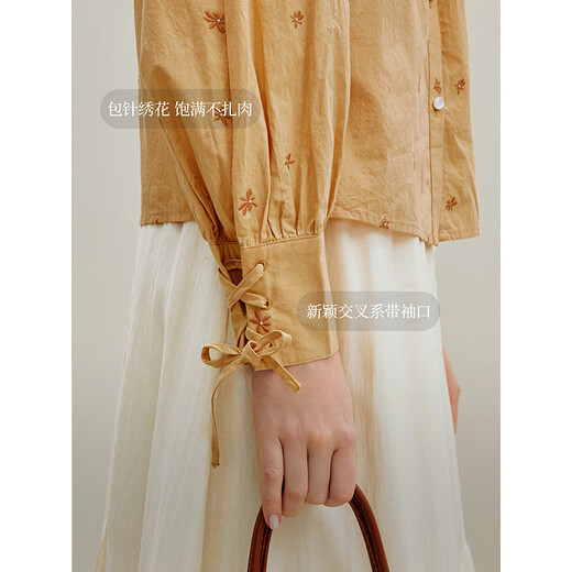 Inman pure cotton strappy embroidered shirt 2026 autumn women's new casual bat sleeve top autumn yellow M