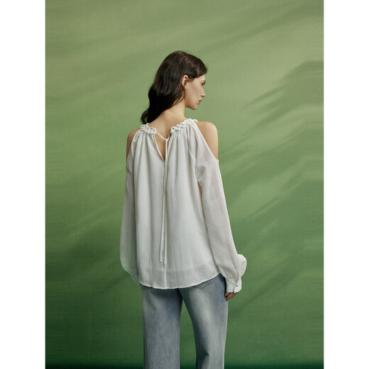 ELLE【漂浮月光】ELLE白色露肩小众设计感小衫女2026春季新款气质衬衫 白色 M