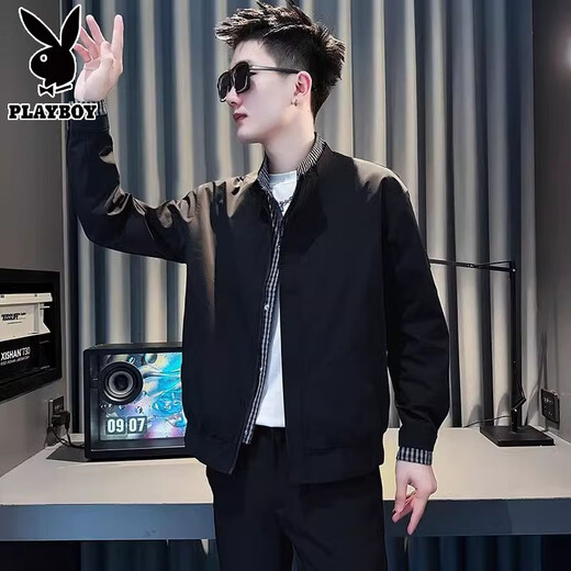 Playboy spring and autumn vacation two-piece jacket men's stand-up collar clothes 2025 new autumn and winter plus velvet men's high-end jacket trendy coffee color 8157-fake two-piece jacket high quality L